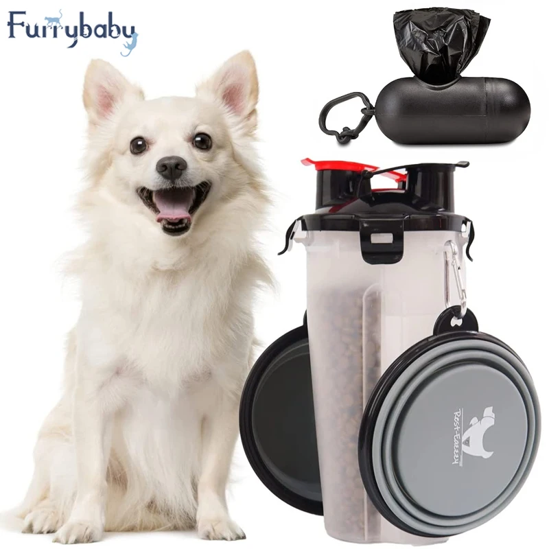Dog Water Bottle 2-in-1 Pet Food Container And 2 Collapsible Dog Bowls With 50 Rolls Poop Bags For Walking Hiking Travelling