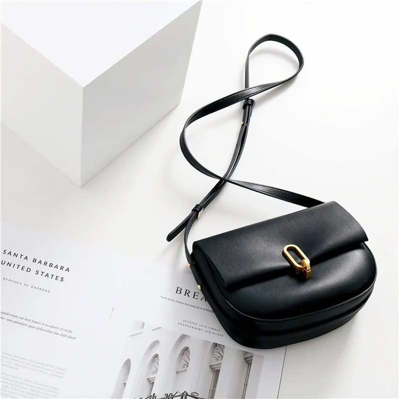 New Fashion Women's Bag Solid Color One Shoulder Crossbody Small Bag Fashion Genuine Leather Half Round Crossbody Saddle Bag