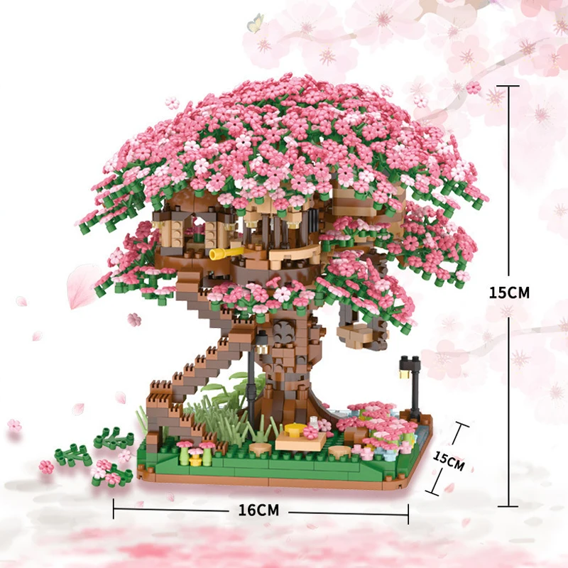 Фото 3D строительный блок Mirco Sakura Flower Treehouse, креативный уличный вид, вишневый цвет, декор «сделай сам», кирпичи, подарок на день Святого Валентина, игрушки №4