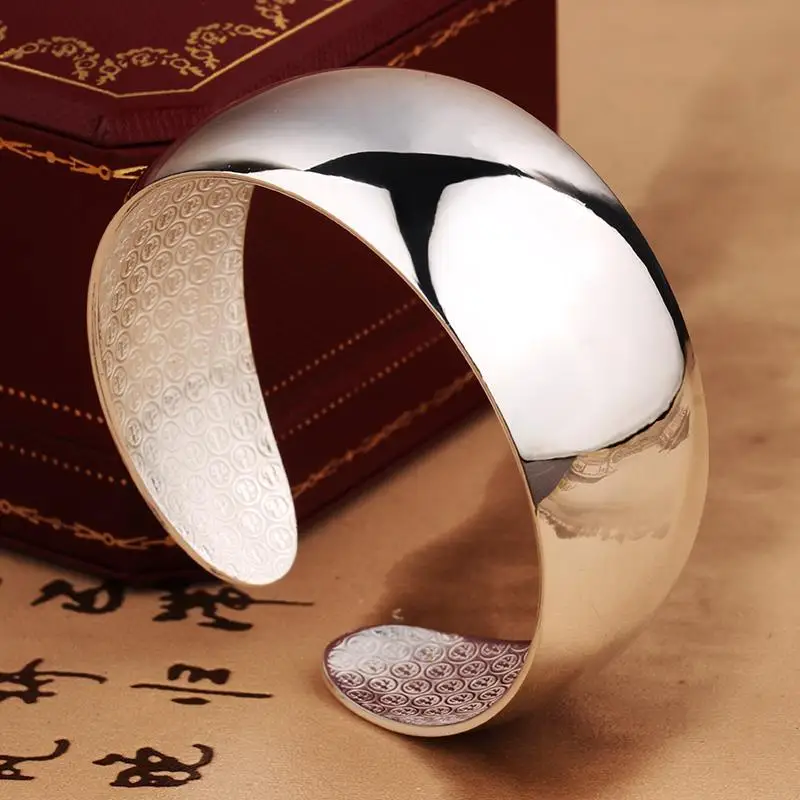 

New Silver Bracelet Female Young Style Wide Face Fashion Open Smooth Simple Solid Ethnic Style Jewelry Accessory