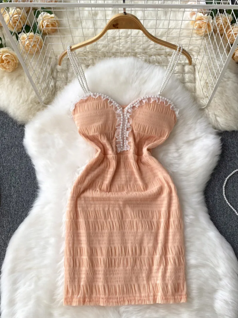 

Foamlina Sexy Beading Spaghetti Strap Bodycon Mini Party Dress Women Summer Sleeveless Backless Slim Fit Club Night Out Dress