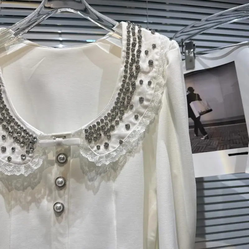Kohuijoo Spring 2023 Women Blouses Long Sleeve Contrast Color Beading Flare Sleeve Blouse Fashion Tops Ladies Shirt  Diamond enlarge