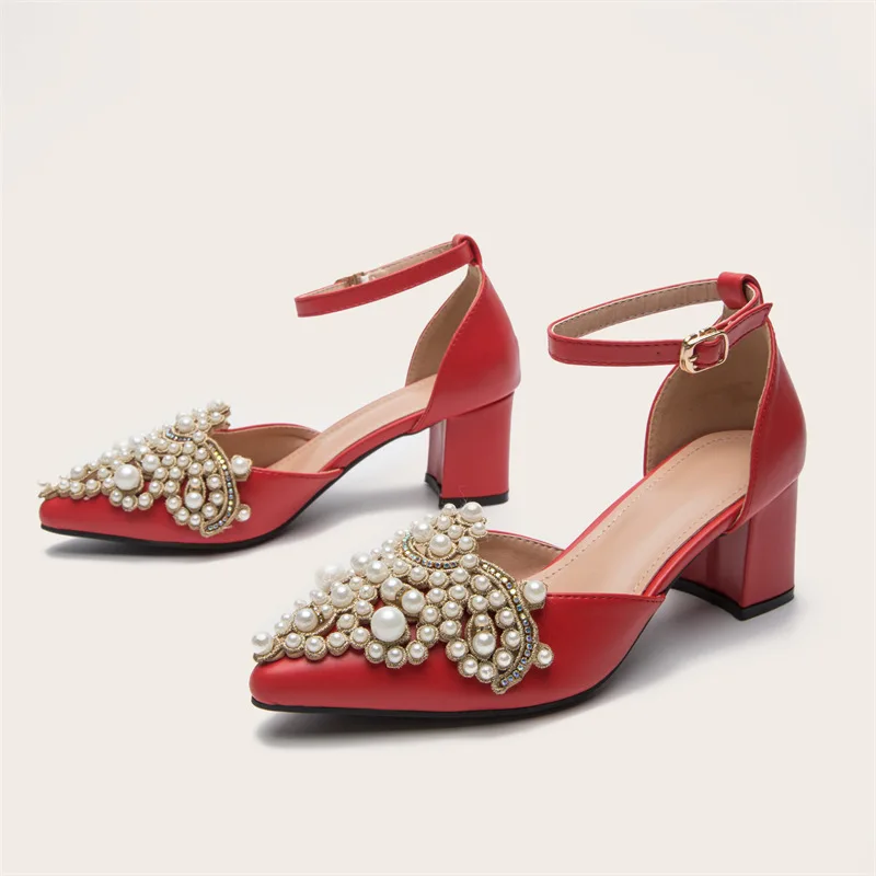 

Women's shoes Pointed toe pearl thick heel Baotou sandals women's high heels new summer 2022 ladies heels