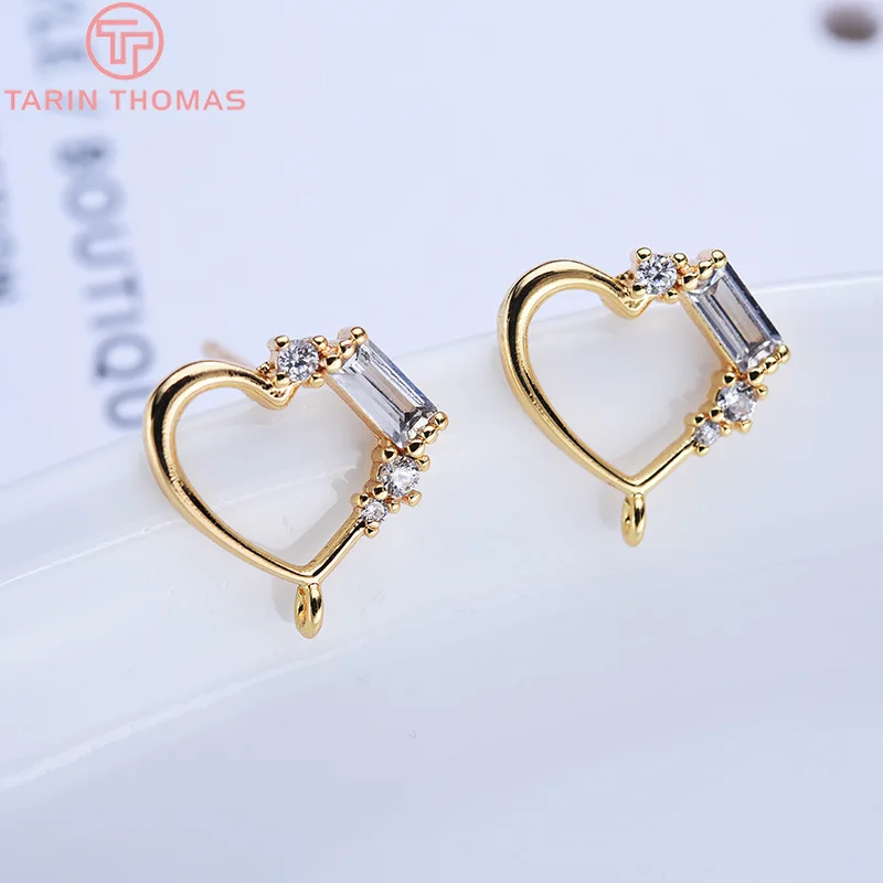 Серьги-гвоздики в форме сердца из латуни с цирконом 4 шт