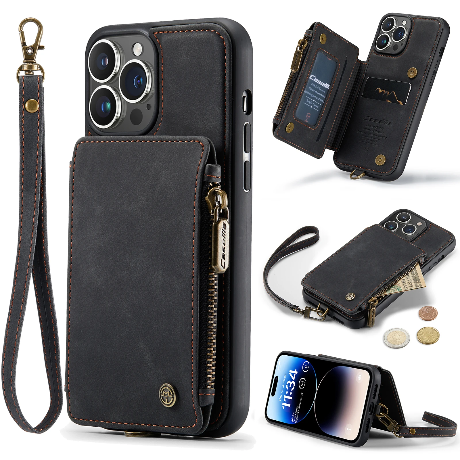 

CaseMe Retro Leather Cards Holder Zipper Wallet Case For iPhone 14 Pro Max 15 13 12 11 XS XR X 8 7 RFID Blocking Kickstand Cover