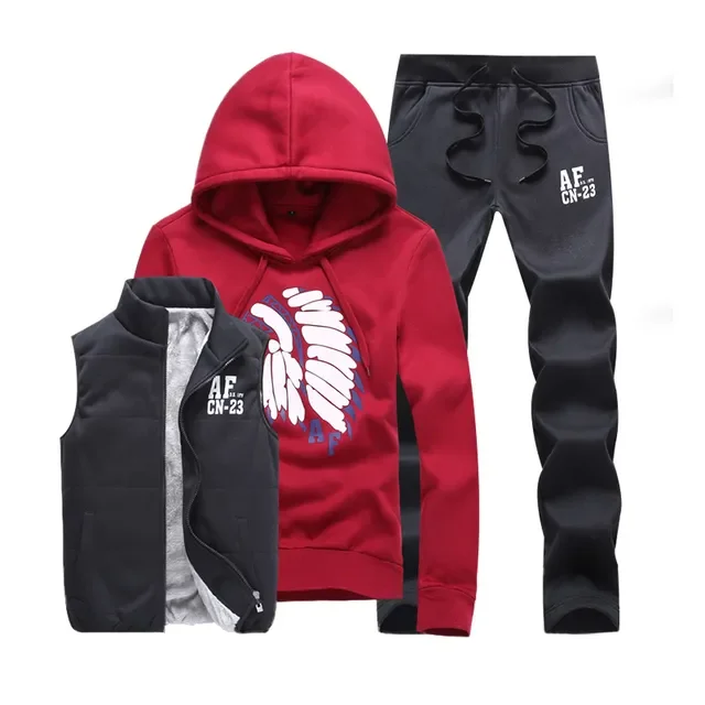 

NEW IN Sweatshirt Suit Winter Warm Sportswear SweatPants Mens 3 Pieces Hoodie+SweatPants +Vest Thick Fashion Sport Sweatshirts C