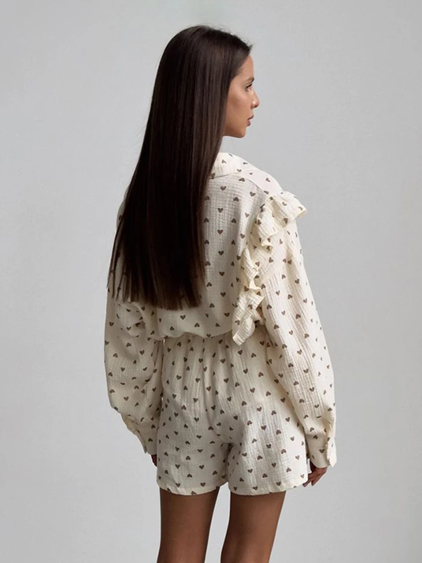 Marthaqiqi Love Printing Women'S Pajamas Suits Long Sleeve Sleepwear Sexy Turn-Down Collar Nightwear Loose Shorts Nightgowns Set