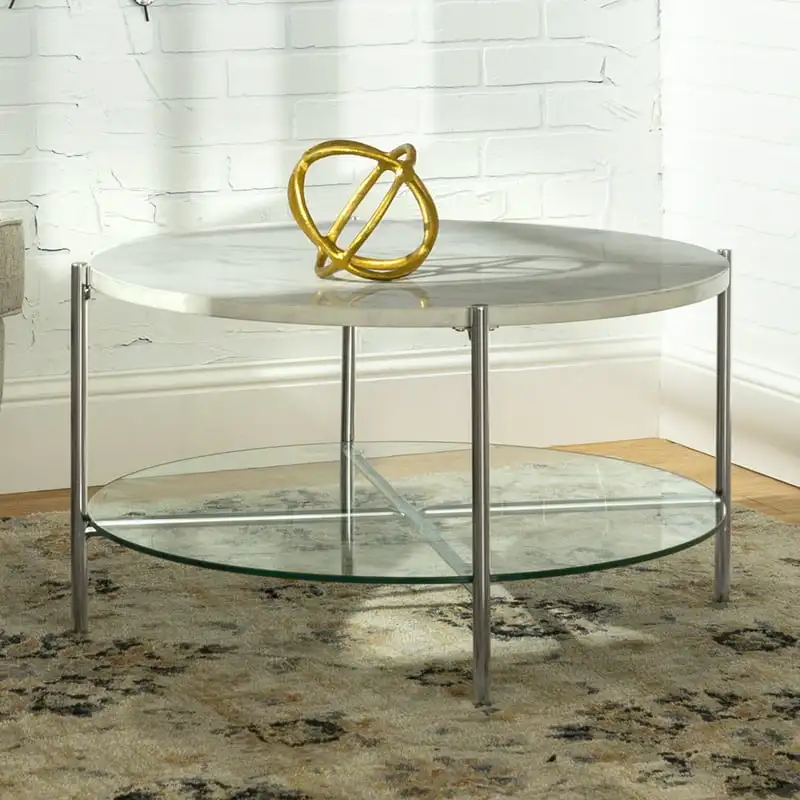 

Round Coffee Table, White Marble/Chrome