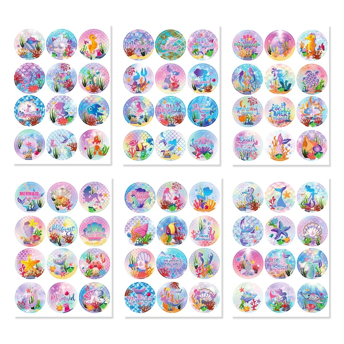 

6 шт., наклейка «Русалка под морской ракушкой, морской конек, морская звезда, клейкая этикетка, наклейка на бокал для вина, счастливая Русалка, декор для дня рождения
