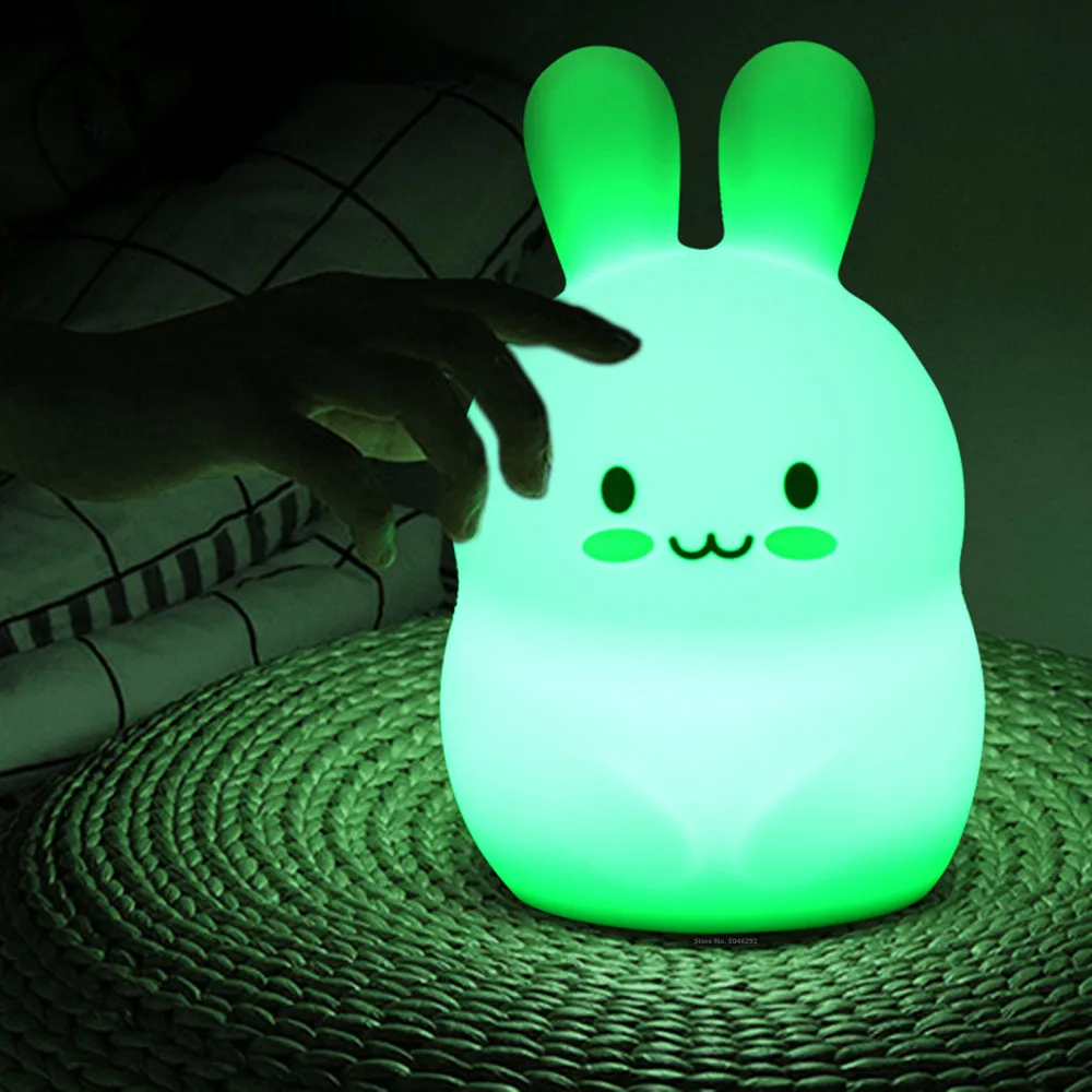 Rabbit LED Night Light Touch Sensor 9 Colors Battery Powered Cartoon Silicone Bunny Bedside Lamp for Children Kids Baby Toy Gift