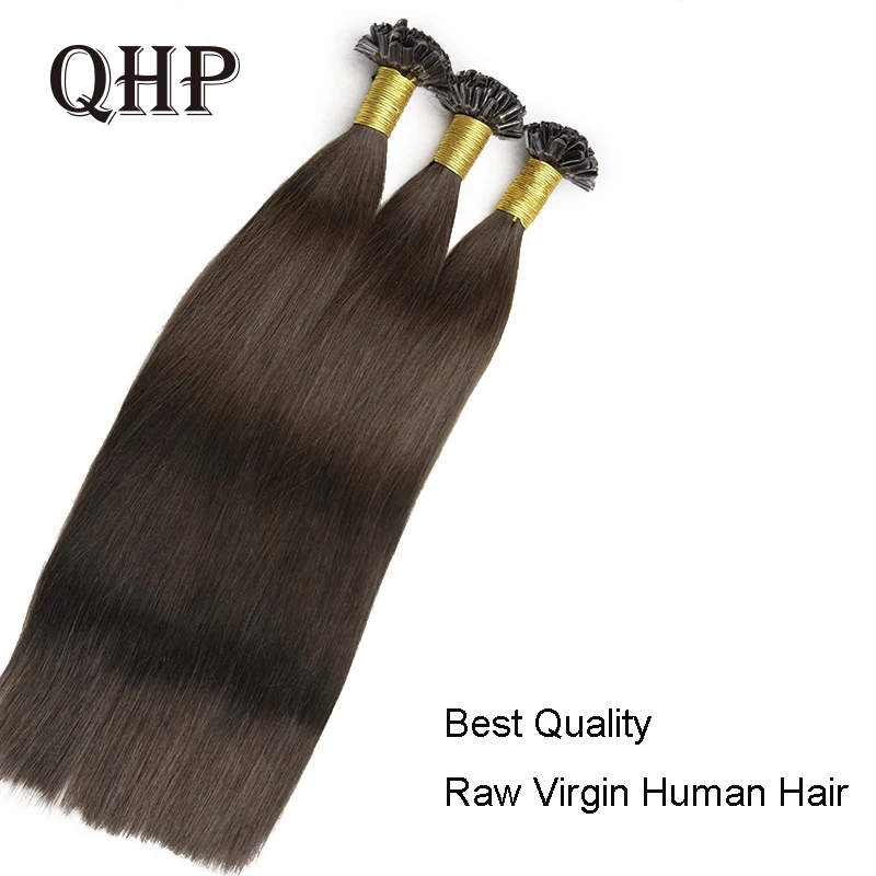 

QHP U / Nail Tip Hair Extensions Capsules 100% Raw Virgin Human Hair Stick Pre Bonded Straight Brazilian Natural 50 pcs 1g/pc