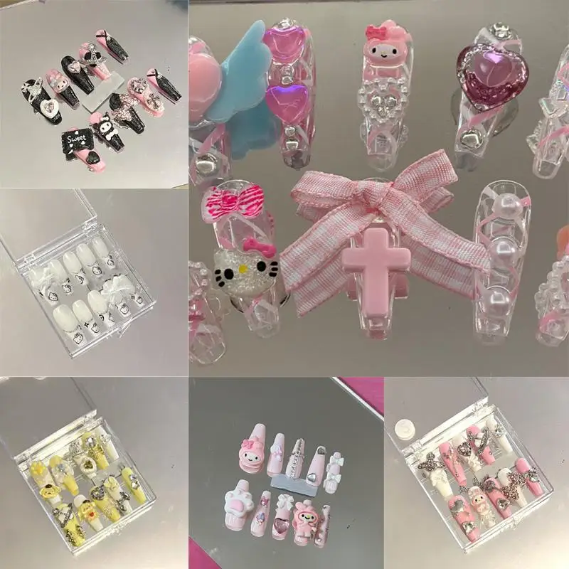 

Kawaii Sanrio мультфильм помпон пурин Хелло Китти накладные ногти ручной работы дизайн ногтей мультфильм стерео носимое полное покрытие студенческий маникюр