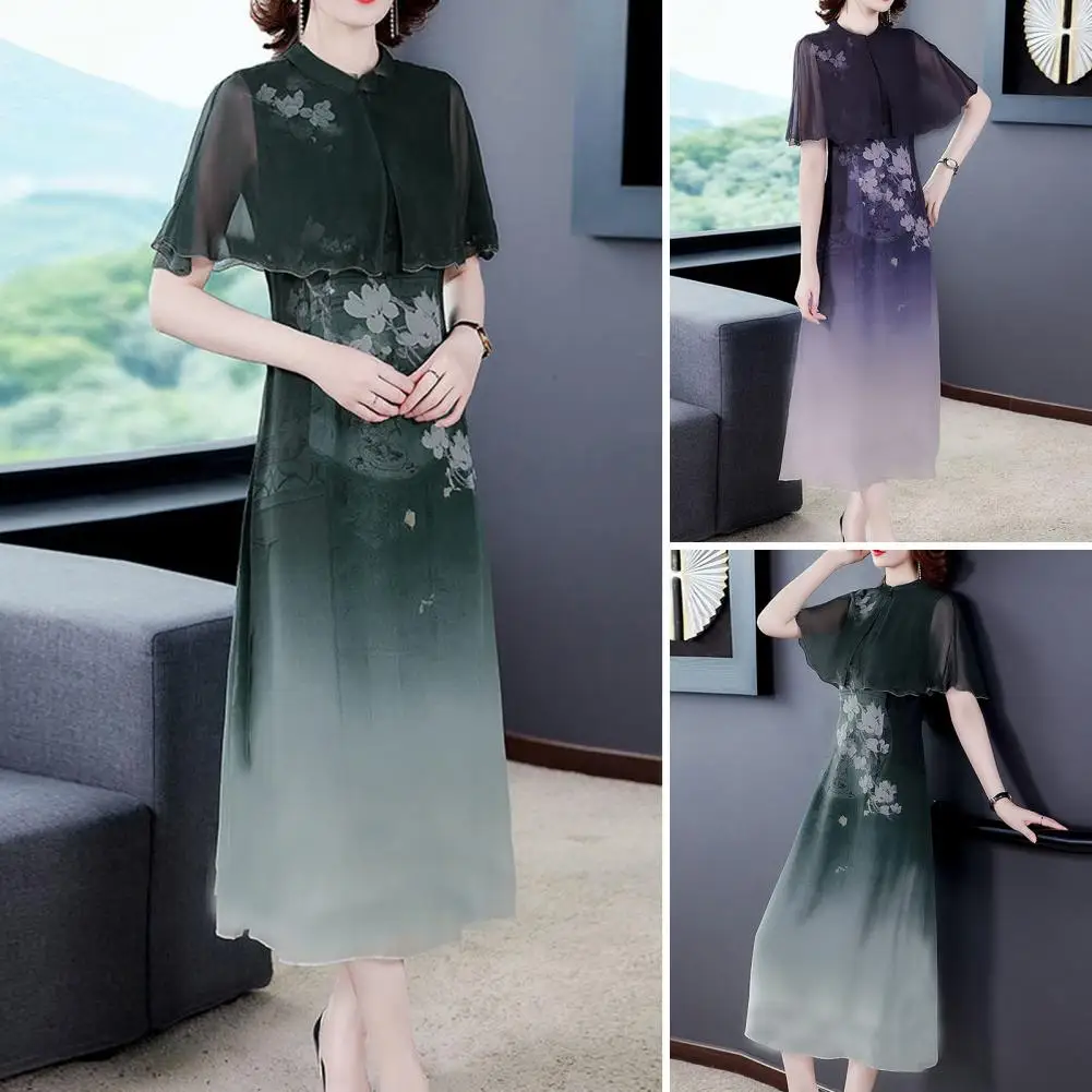 

Fake Two Piece Shawl Design Mesh Yarn Cover Cheongsam Dresses for women Elegant Embroidery Flower Print Chinese Style Midi Dress