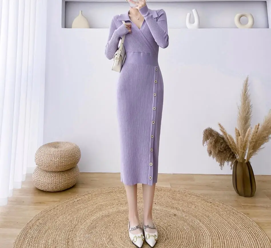 Женское трикотажное платье с длинным рукавом и отложным воротником 5 цветов