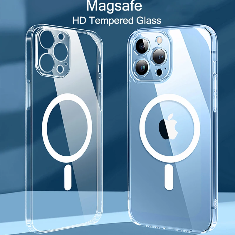 New Upgrand Magsafe Magnetic Phone Case For iPhone 13 Pro Max Tempered Glass Clear Case Wireless Charging Cover iphone13 Mini
