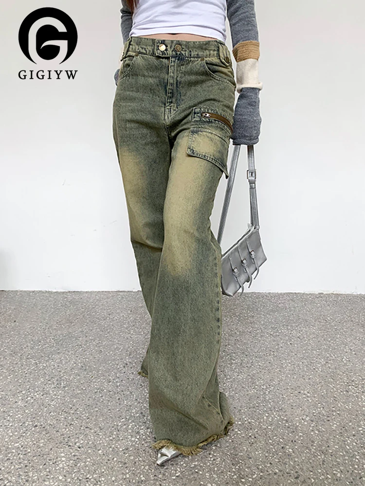 

Женские джинсы в стиле пэчворк GIGIYW, Длинные свободные прямые джинсовые брюки с высокой талией и карманами, весна 2023