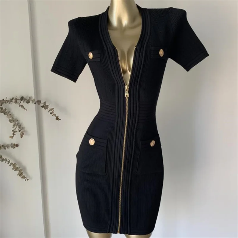 

Stretch Dress V-Neck Zipper dress Women's Short Sleeve Solid Color Slim Fit sexy Knit Dress