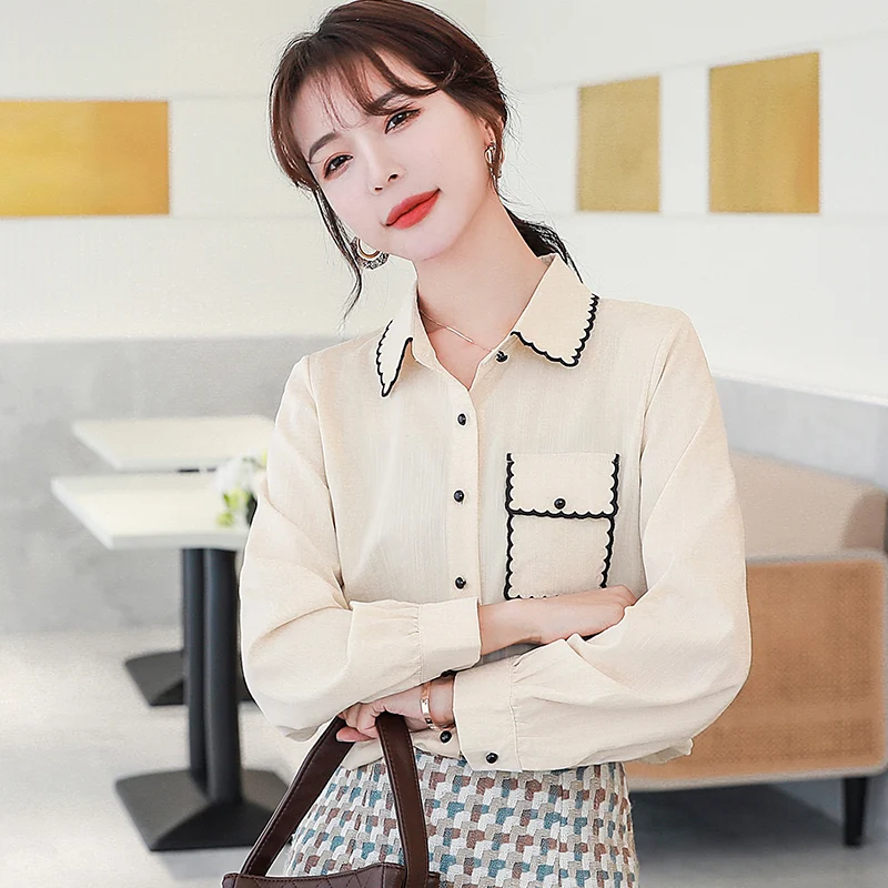 

Шифоновые свободные женские рубашки, новые модные блузки с карманами, летняя повседневная рубашка-поло, женская одежда в Корейском стиле с ...