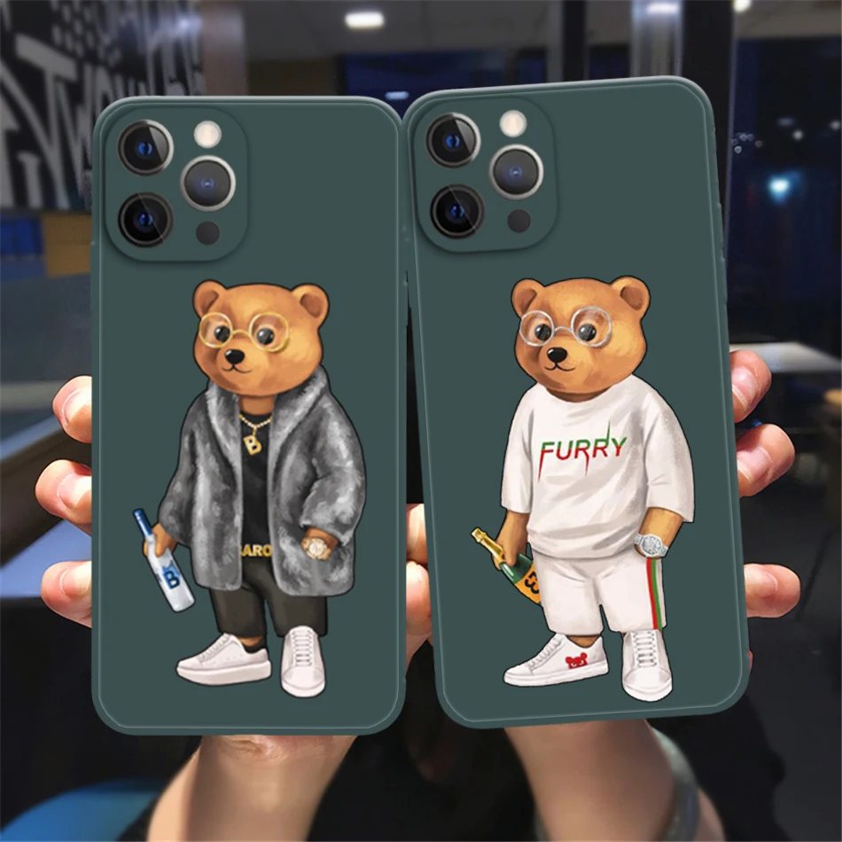 

Cute Bear Fashion Brand Protective Phone Cover For iPhone 11 12 13 14 Pro Max X XR XS Max 7 14Plus dark green Soft Silicone Case