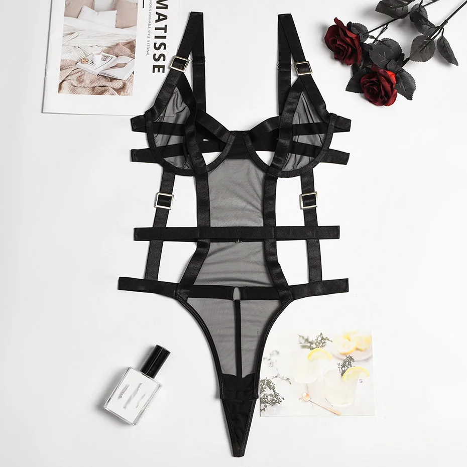 JSY Sexy Bodysuit Lace Lingerie Black Deep V Women's Underwear Hollow Out Teddies Erotic Catsuit Lingerie Porno Costumes
