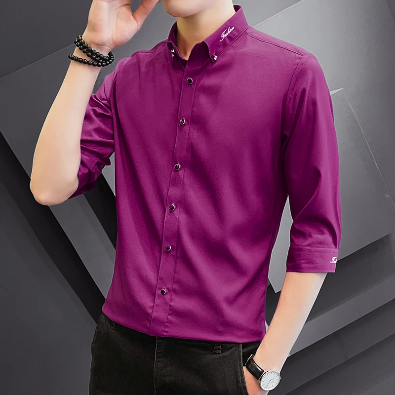 

YASUGUOJI New Summer 2022 Mens Business Casual Three Quarter Shirt Classic Male Solid Color Slim Fit Social Dress Shirts for Man