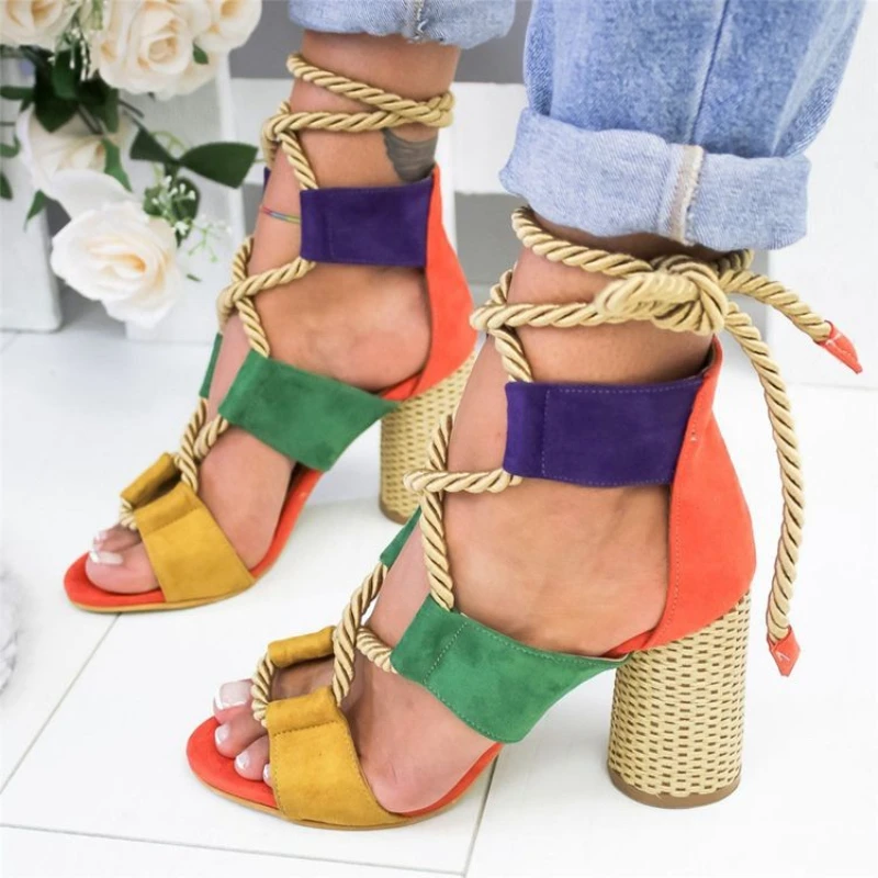 

New Women Sandals Lace Up Summer Shoes Woman Heels Sandals Pointed Fish Mouth Gladiator Sandals Woman Pumps Hemp Rope High Heels