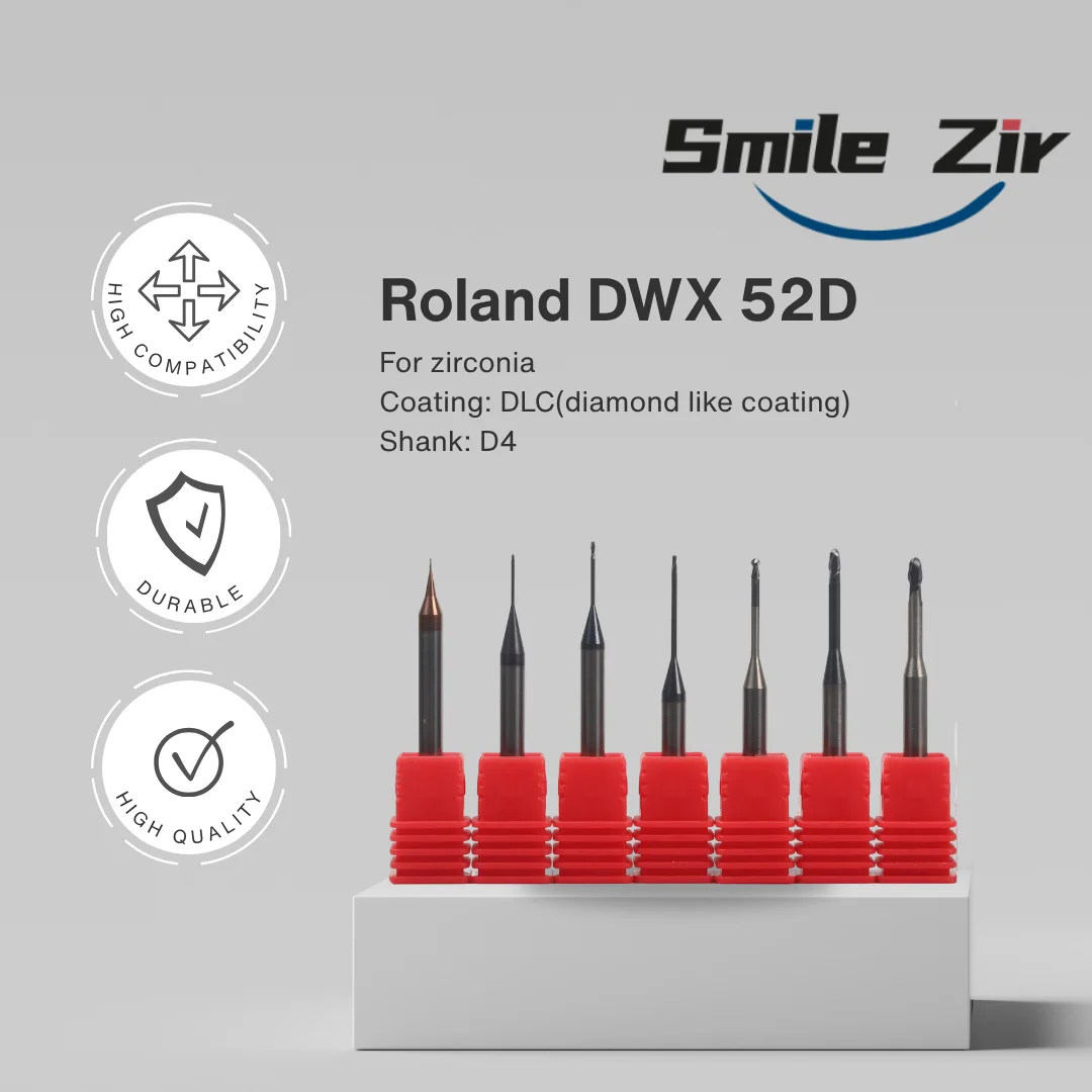 Фото Фрезы для зуботехнических лабораторий Roland DWX-52D для циркония, фрезы для ПММА DWX-42W, фрезы для стеклокерамики и дисиликата лития (фрезы) №1