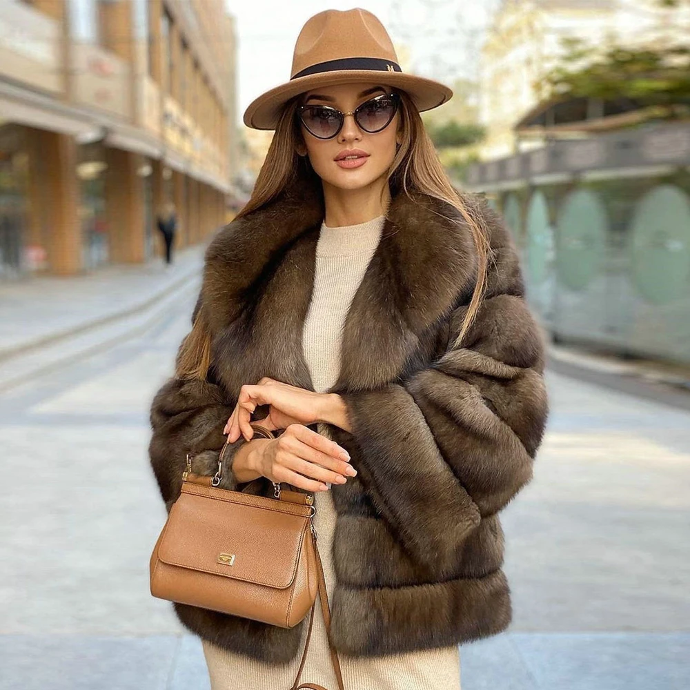 Woman Light Sable Color Natural Fox Fur Jacket Winter New Whole Skin Genuine Fox Fur Coats Mid-length Casual Fur Overcoats