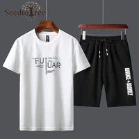 summer mens sets round neck solid color printing short sleeved t shirt casual shorts sports suit