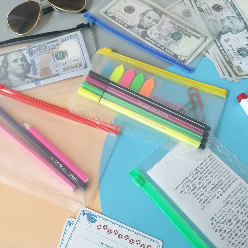 

A6 Budget Binder Pockets With Zipper, Clear 6 Holes Cash Envelopes Folder,PVC Money Coupon Organizer Loose Leaf Bags