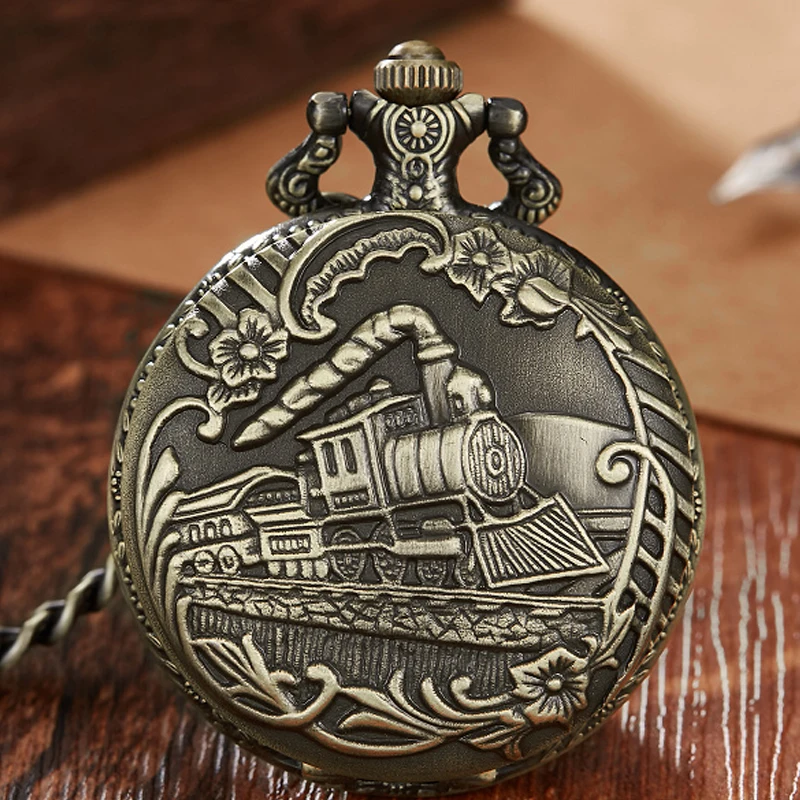 Antique Bronze Locomotive Mechanical Pocket Watch Women Necklace Chain Rtero fob watches gifts