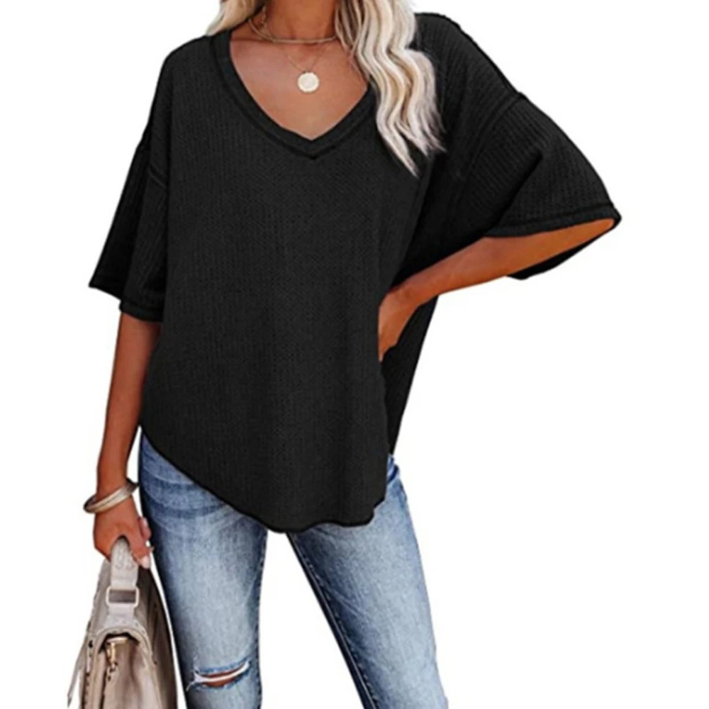 

2022 new solid women's top waffle loose V-neck bat short sleeve T-shirt