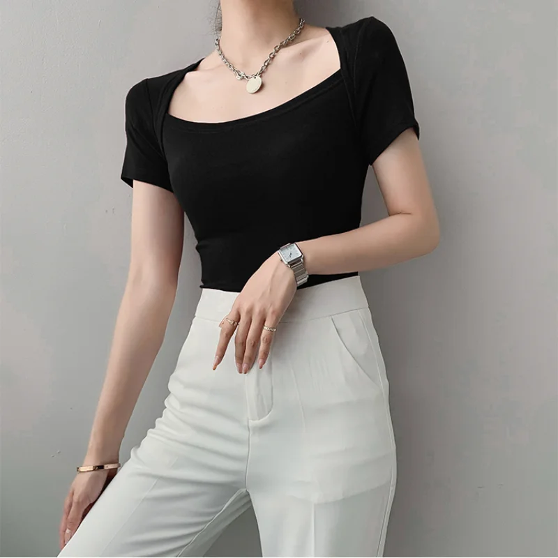 

Summer Solid Color Cotton Elastic Slim T-shirts Women Retro Big Square Collar Short Sleeve Tee Shirt Female Elegant Tops Popular