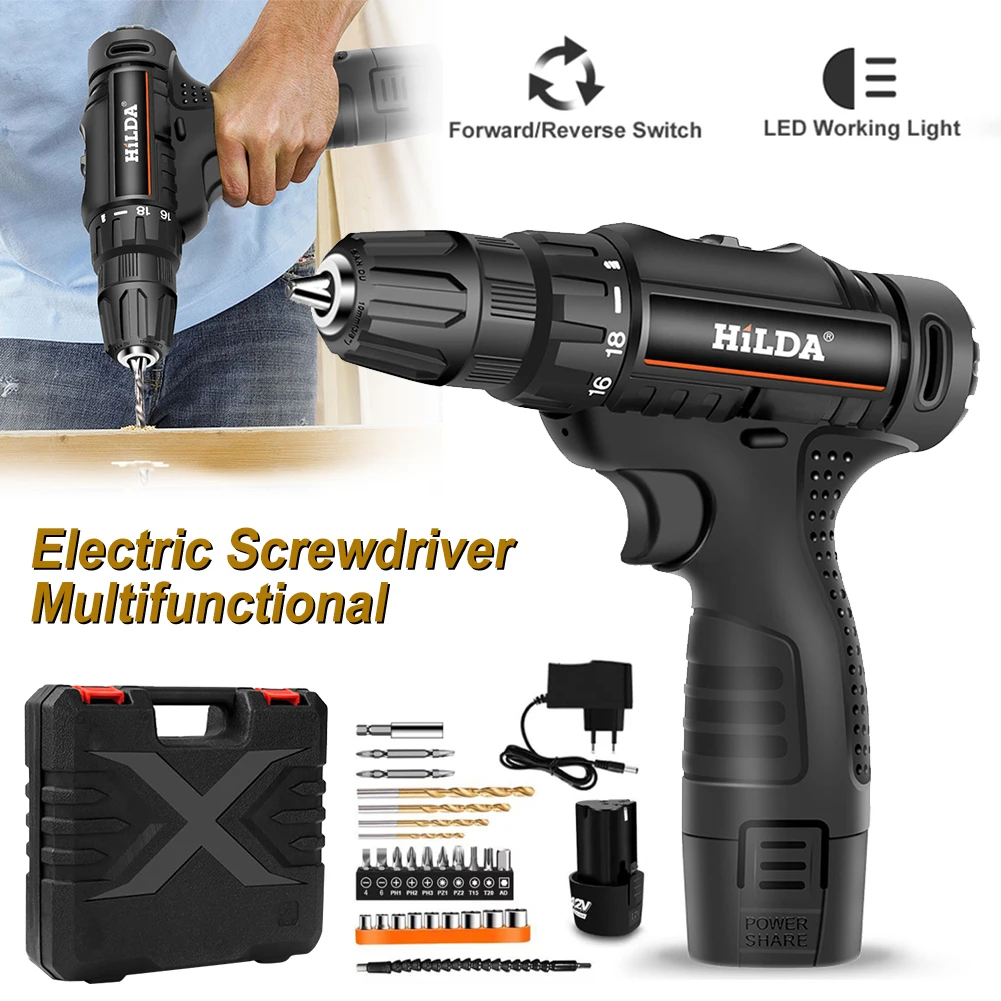 

12V Electric Cordless Drill Rechargeable Electric Power Drill Set Lithium Battery Variable Speed with Drill Bits Plastic Case