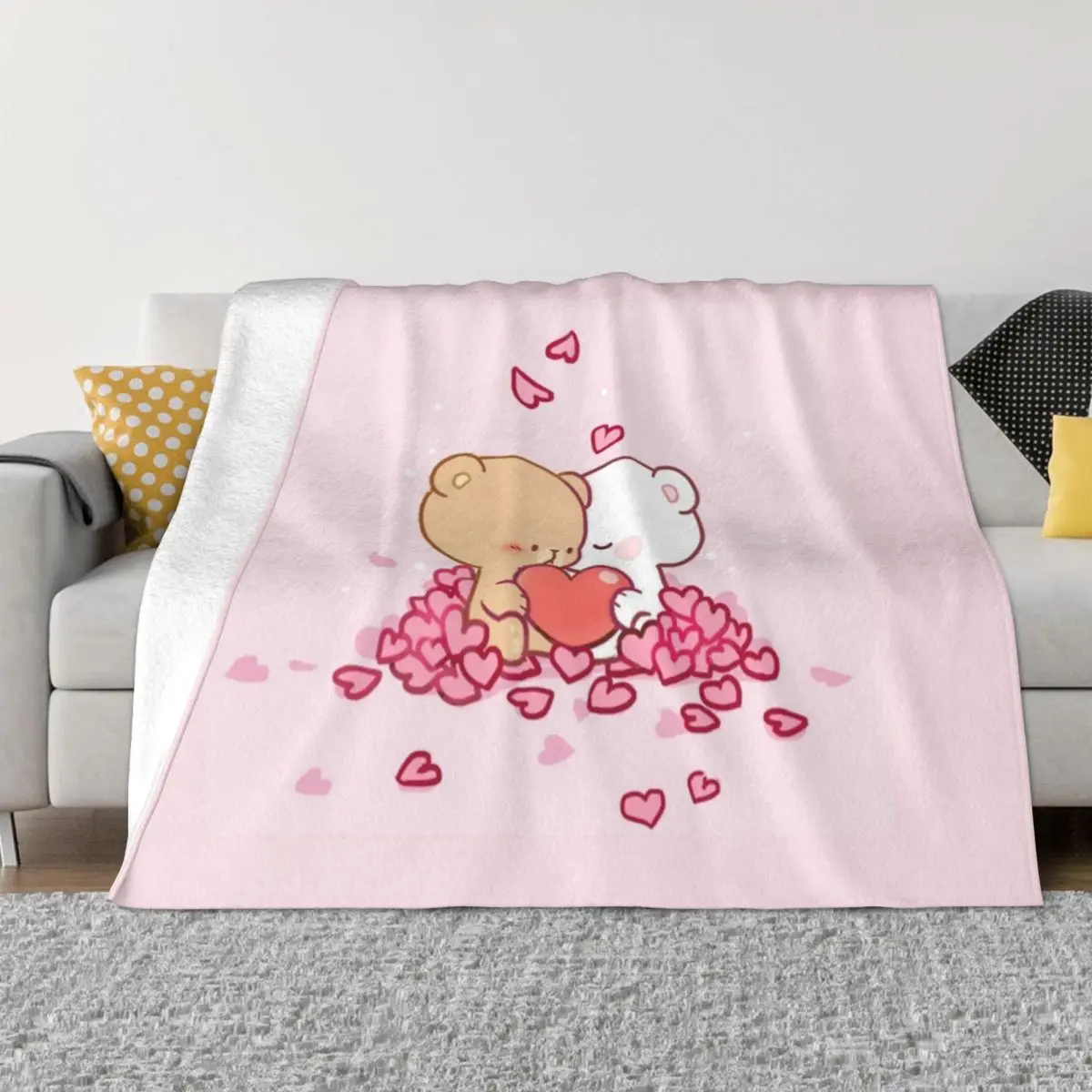 

Cute Milk And Mocha Bear Love Hearts Peach And Goma Blankets Coral Fleece Plush Throw Blankets for Sofa Couch Plush Thin Quilt