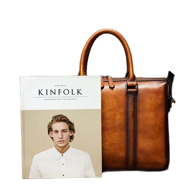 Retro Business Briefcase For Men Women Documents Handbags Genuine Leather Laptop Bag Office Shoulder Bag Fashion Computer Bag