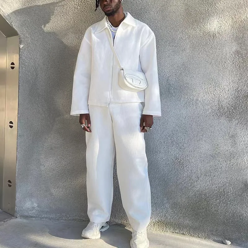 

Костюм мужской из двух предметов, однотонная куртка и брюки с отложным воротником, модная свободная уличная одежда, весна-осень