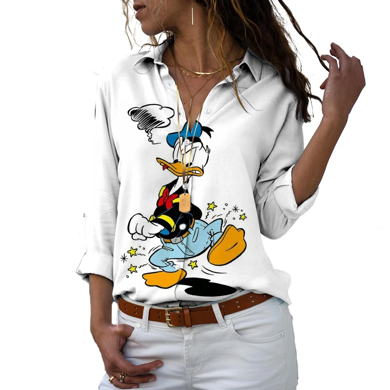 Chemise boutonnée à simple boutonnage pour femme manches longues coupe couvertes impression 3D Minnie Harajuku revers-decon