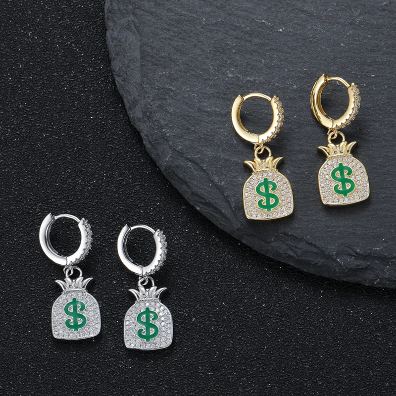 Серьги с символом доллара сумка для денег серьги в стиле хип-хоп рок Iced Out циркон