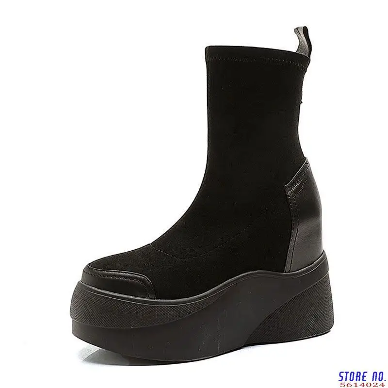 

Women Motorcycle Boots Wedges Flat Shoes Woman High Heel Platform PU Leather Boots Lace Up Women Shoes Black Boots Girls