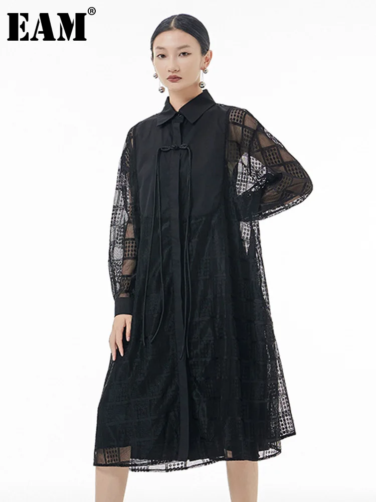 

[EAM] Women Black Lace Hollow Out Big Size Shirt Dress New Lapel Long Sleeve Loose Fit Fashion Spring Autumn 2023 1DF4403