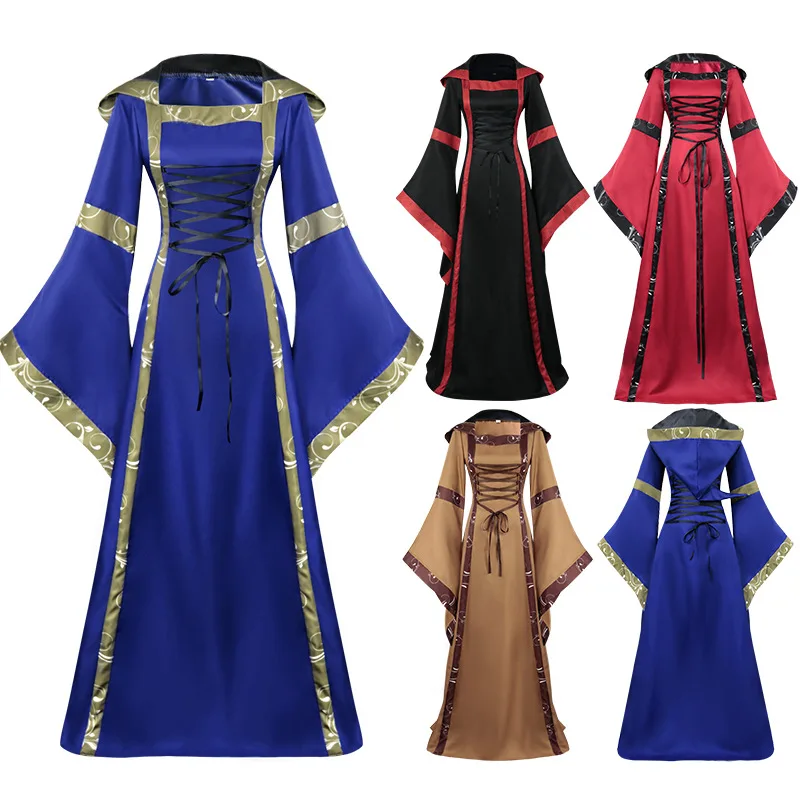 Купи New European and American Medieval Retro Hooded Dress Square Neck Tie Flare Sleeves Large Swing Skirt Cosplay Clothes за 1,760 рублей в магазине AliExpress