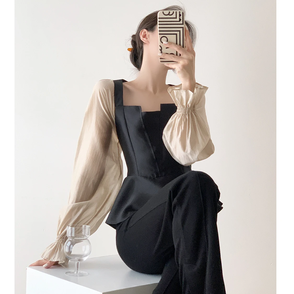 

French Bubble Sleeve Square Collar Blouse Women's Slim Waist Long Sleeve Blouse Shirts