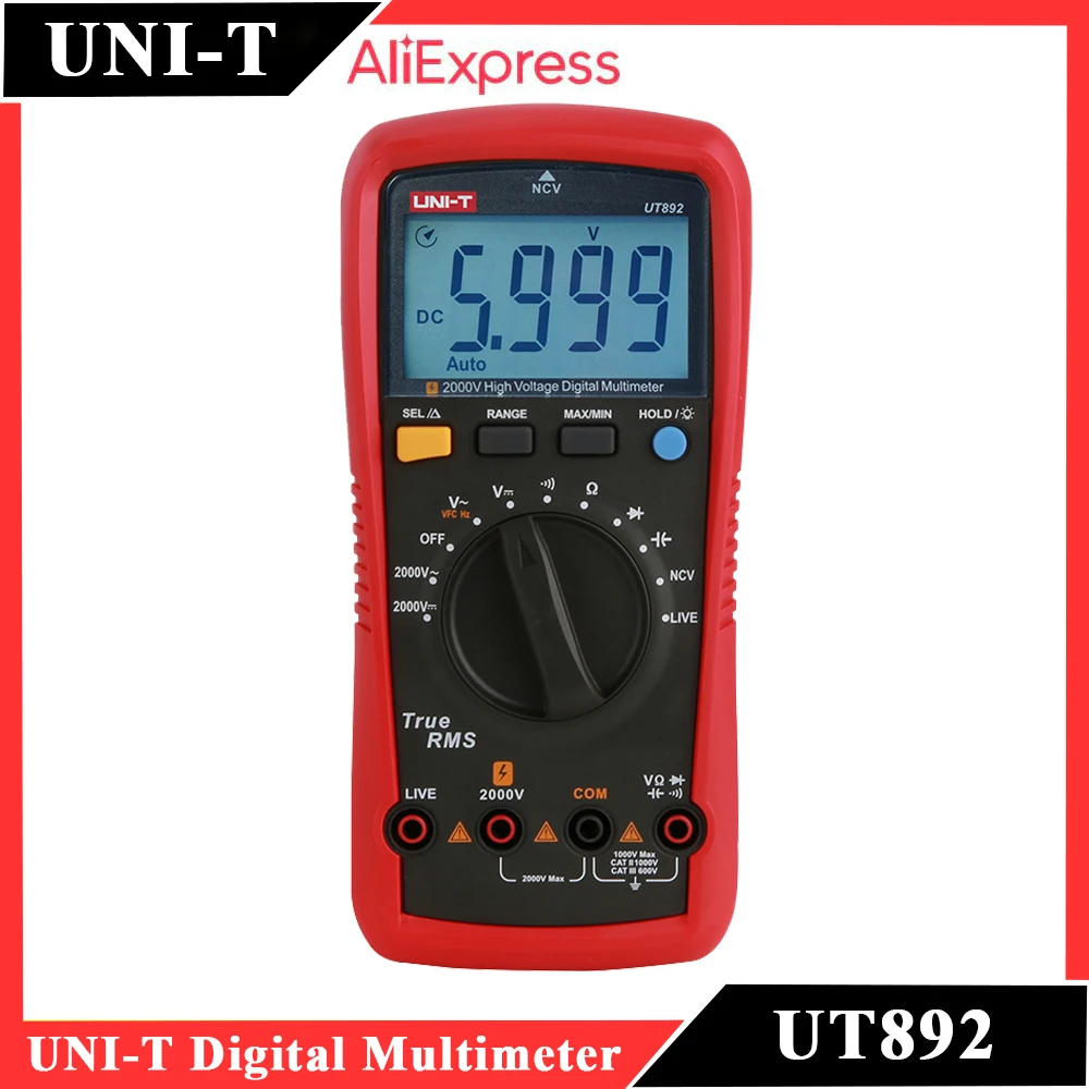 

UNI-T UT892 Digital Multimeter 2000V High Voltage Detector AC DC Voltmeter Capacitance Resistance NCV LIVE Diode VFC Tester
