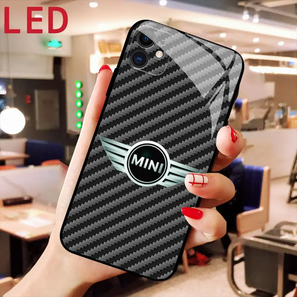 

LED Luminous Call Light Flash Glass phone Case For IPhone 13 12 11 Pro Max XS Max 8Plus TAKARA TOMY cars for Mini Cooper cover
