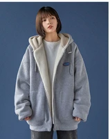 autumn and winter new lamb wool warm korean version student hooded cardigan loose simple solid color printed top