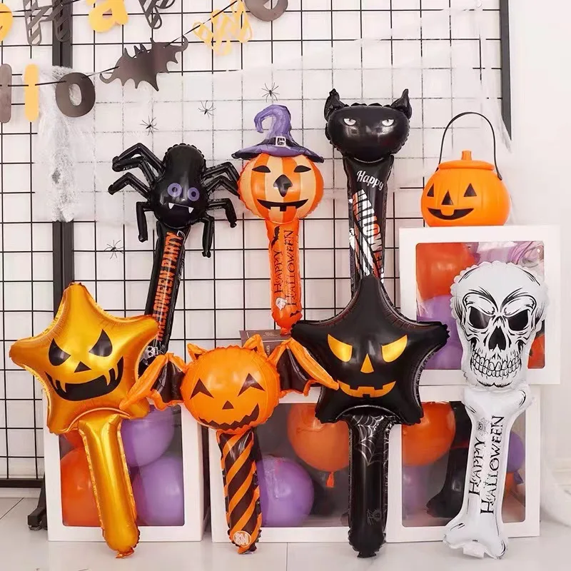 Halloween Decorative Devil Spider Pumpkin Inflatable Stick Balloons Holding Balloon Happy Helloween Party Ballons Trick Or Treat