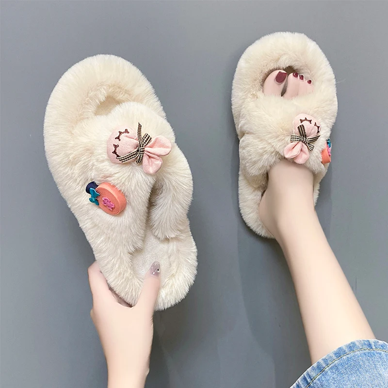 

Slippers Casual Female Shoes Flock Winter Footwear Platform Low Fur Flip Flops Slides Luxury 2022 Massage Flat Plush Basic Rubbe