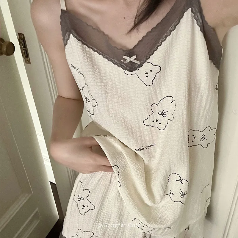 The Summer Pajamas Women Bubble Cotton Thin Cool Feeling Sleeveless Sling Shorts Sleepwear Suit Lace Decoration Sexy Loungewear