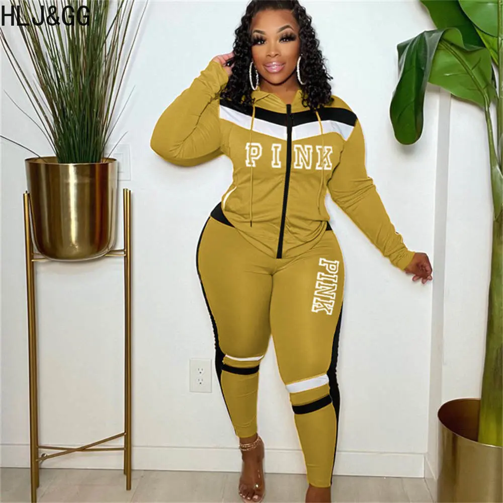 

HLJ&GG Casual Sport Color Patchwork Two Piece Sets Women Zip Long Sleeve Top + Pants Tracksuits Female PINK Letter Print Outfits
